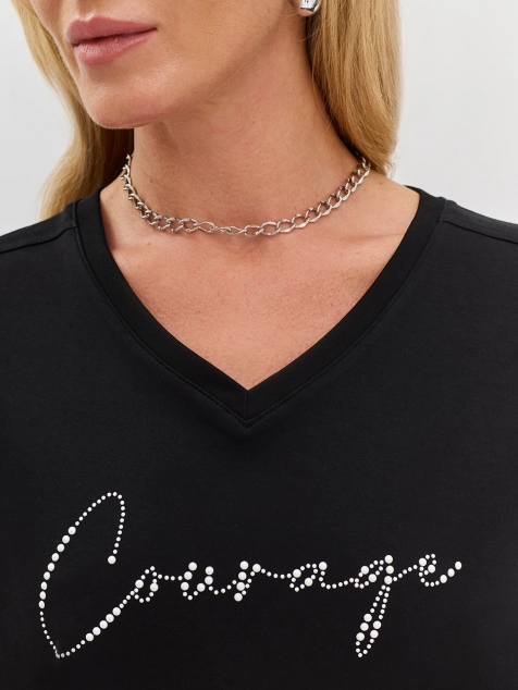 Футболка с V-образным вырезом и декором бусинами