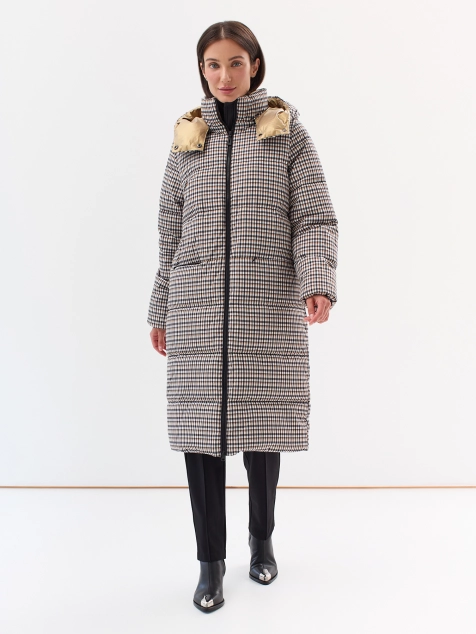 Удлиненное пальто в мелкую клетку с контрастной молнией