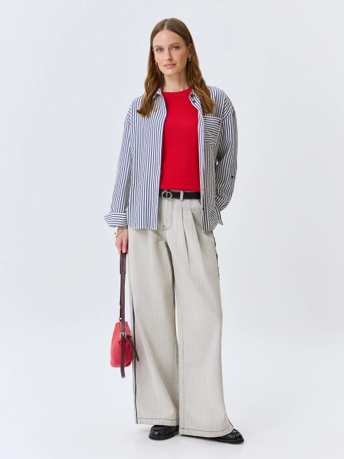 Меланжевые джинсы Wide leg с контрастными кантами