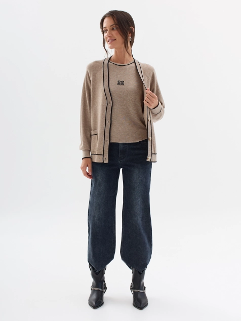 Вязаный кардиган с контрастными деталями и шелком