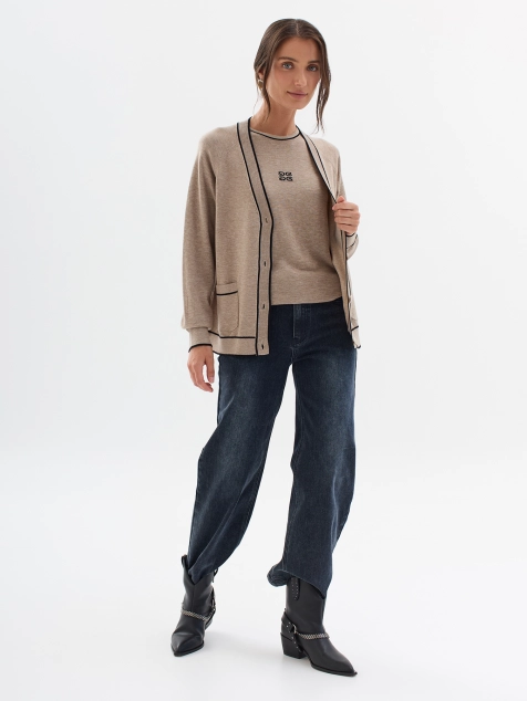 Вязаный кардиган с контрастными деталями и шелком