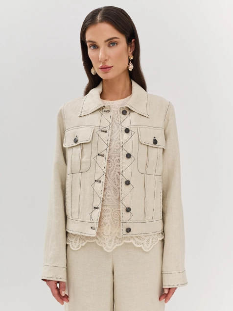 Укороченный льняной жакет с яркой подкладкой