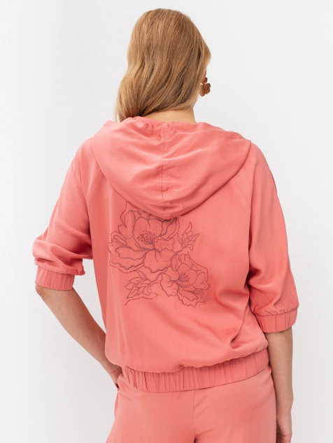 Бомбер свободного силуэта с капюшоном и вышивкой на спинке