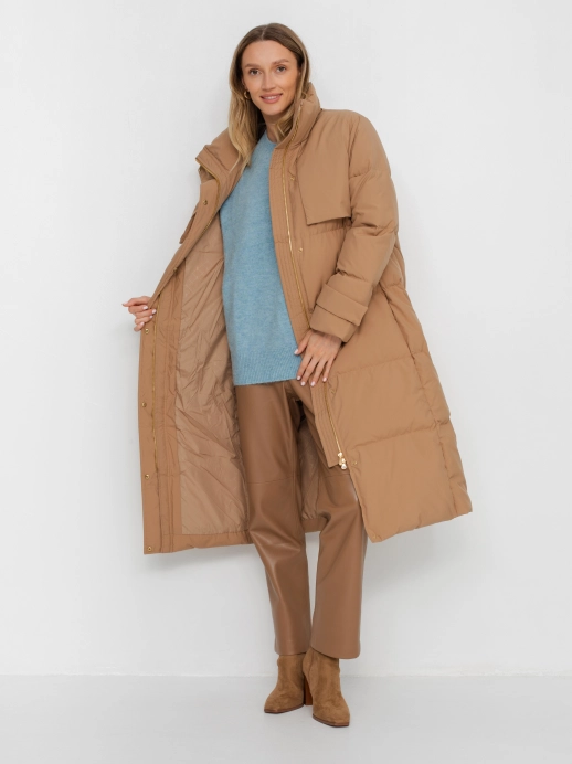 Удлиненный пуховик-пальто с поясом