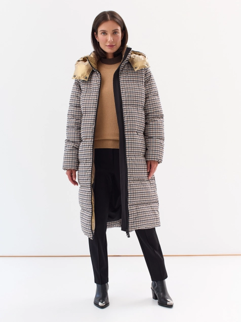 Удлиненное пальто в мелкую клетку с контрастной молнией