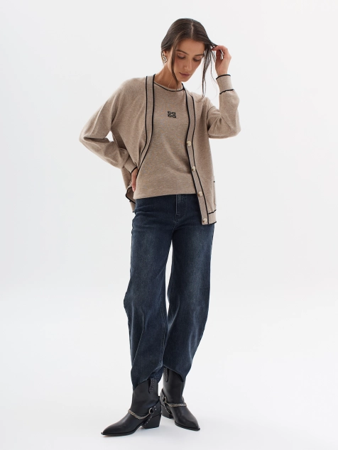 Вязаный кардиган с контрастными деталями и шелком