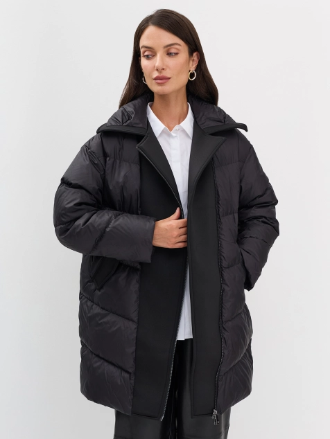 Комбинированный пуховик с запахом и асимметричной застежкой