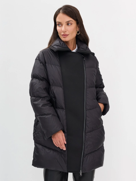 Комбинированный пуховик с запахом и асимметричной застежкой